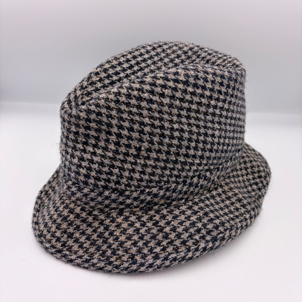 Totes Mens Houndstooth Wool Blend Fedora Hat Size L 7 1/4 7 3/8 Made‎ in USA